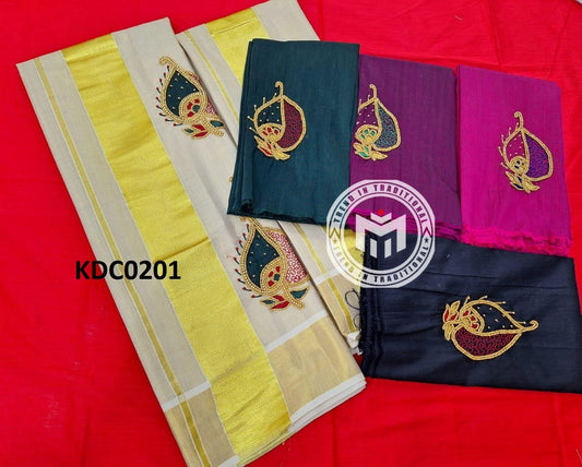 Kerala Special Golden Tissue Handwork Setmundu 2.80 With Stitched Blouse or Blouse Material,Beautiful Kerala Designs,Onam,Vishu,Pooja Wear.