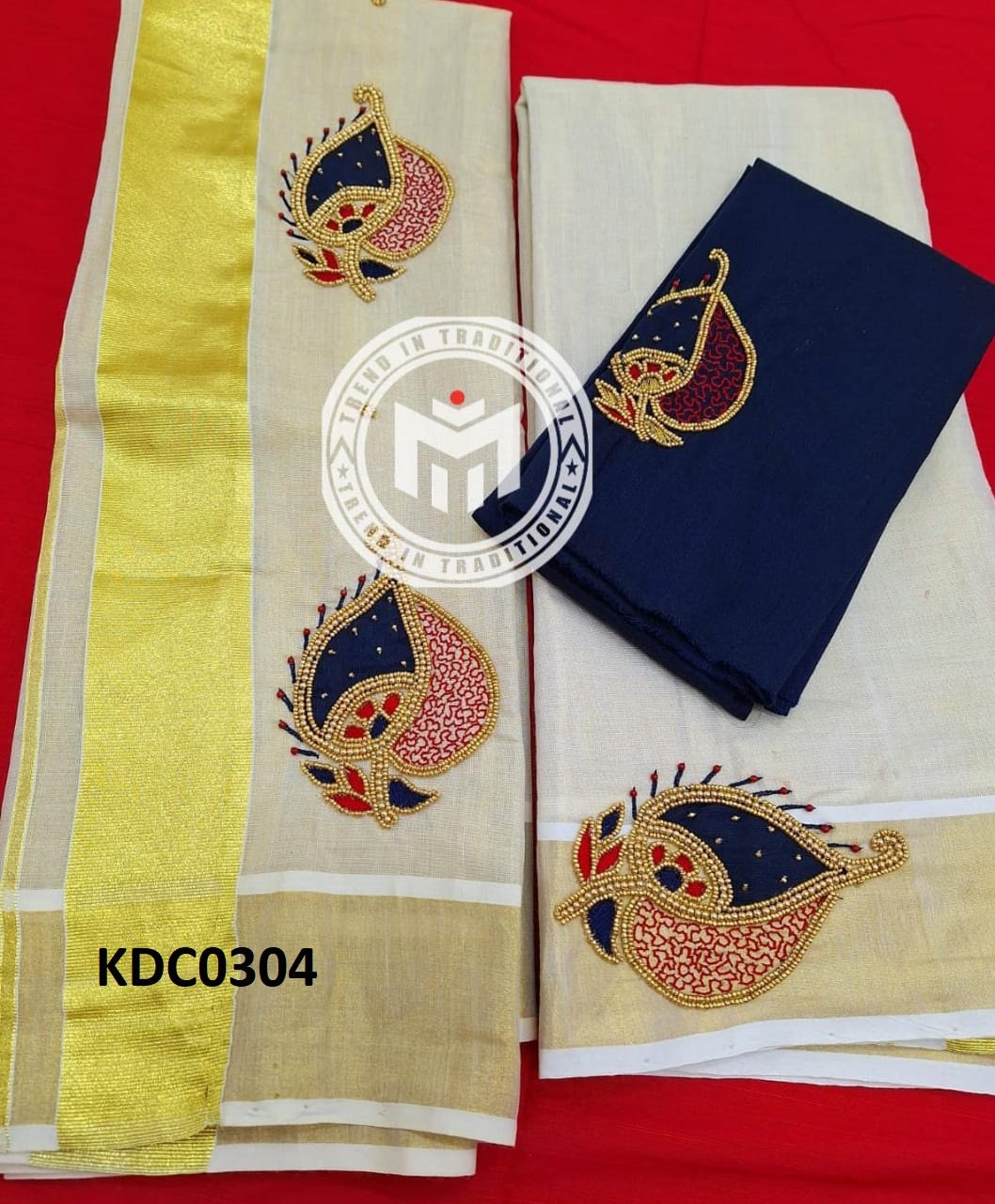 Kerala Special Golden Tissue Handwork Setmundu 2.80 With Stitched Blouse or Blouse Material,Beautiful Kerala Designs,Onam,Vishu,Pooja Wear.