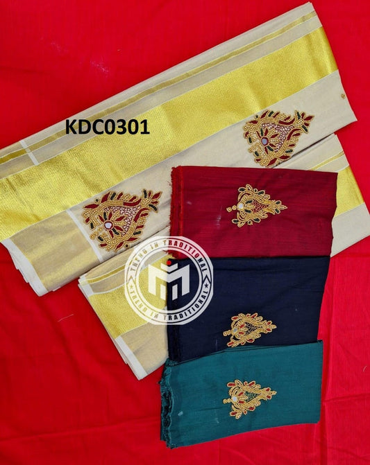 Kerala Special Golden Tissue Handwork Setmundu 2.80 With Stitched Blouse or Blouse Material,Beautiful Kerala Designs,Onam,Vishu,Pooja Wear.