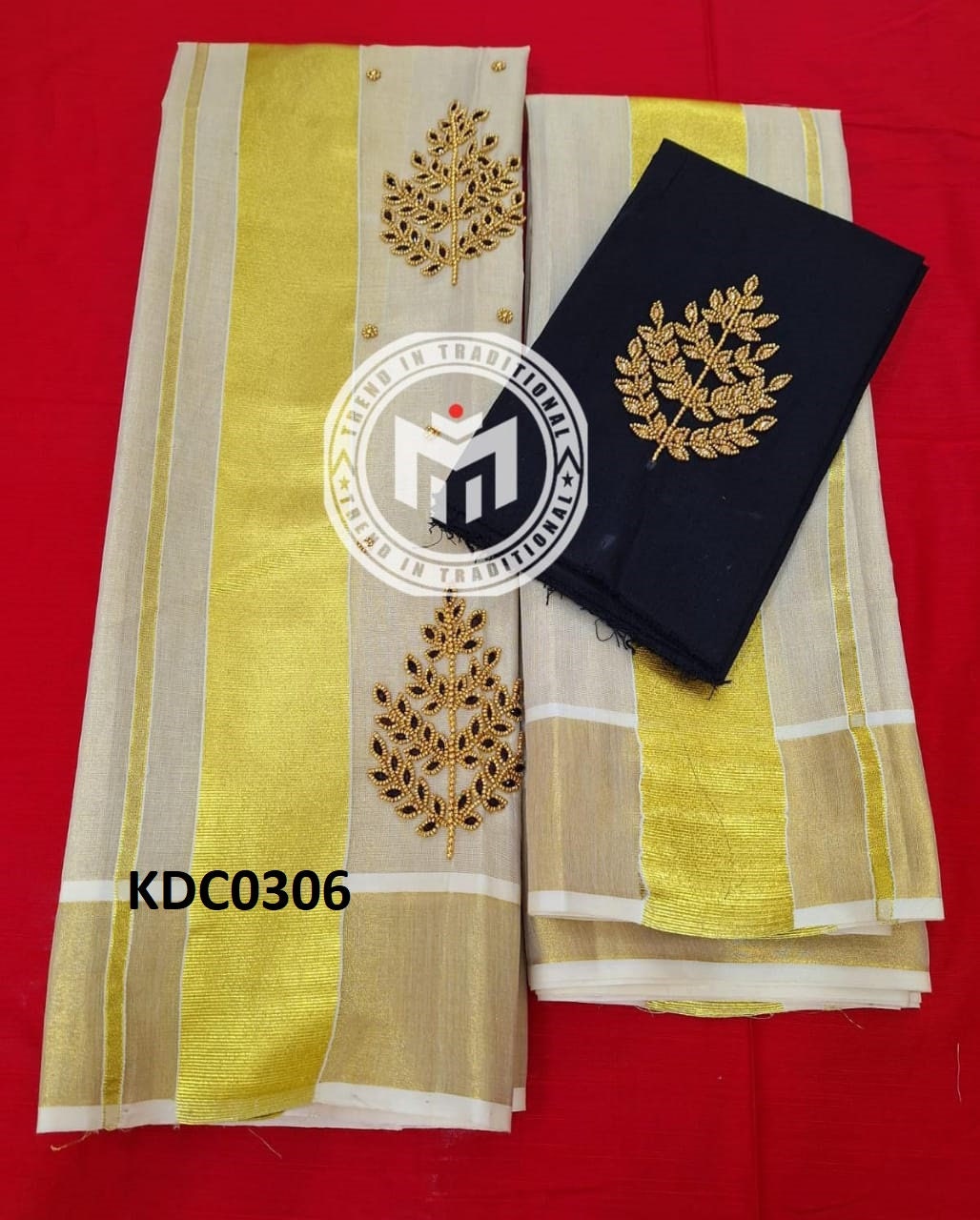 Kerala Special Golden Tissue Handwork Setmundu 2.80 With Stitched Blouse or Blouse Material,Beautiful Kerala Designs,Onam,Vishu,Pooja Wear.