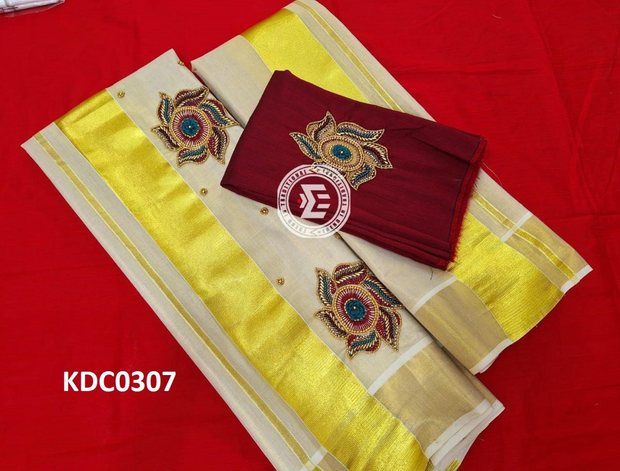 Kerala Special Golden Tissue Handwork Setmundu 2.80 With Stitched Blouse or Blouse Material,Beautiful Kerala Designs,Onam,Vishu,Pooja Wear.