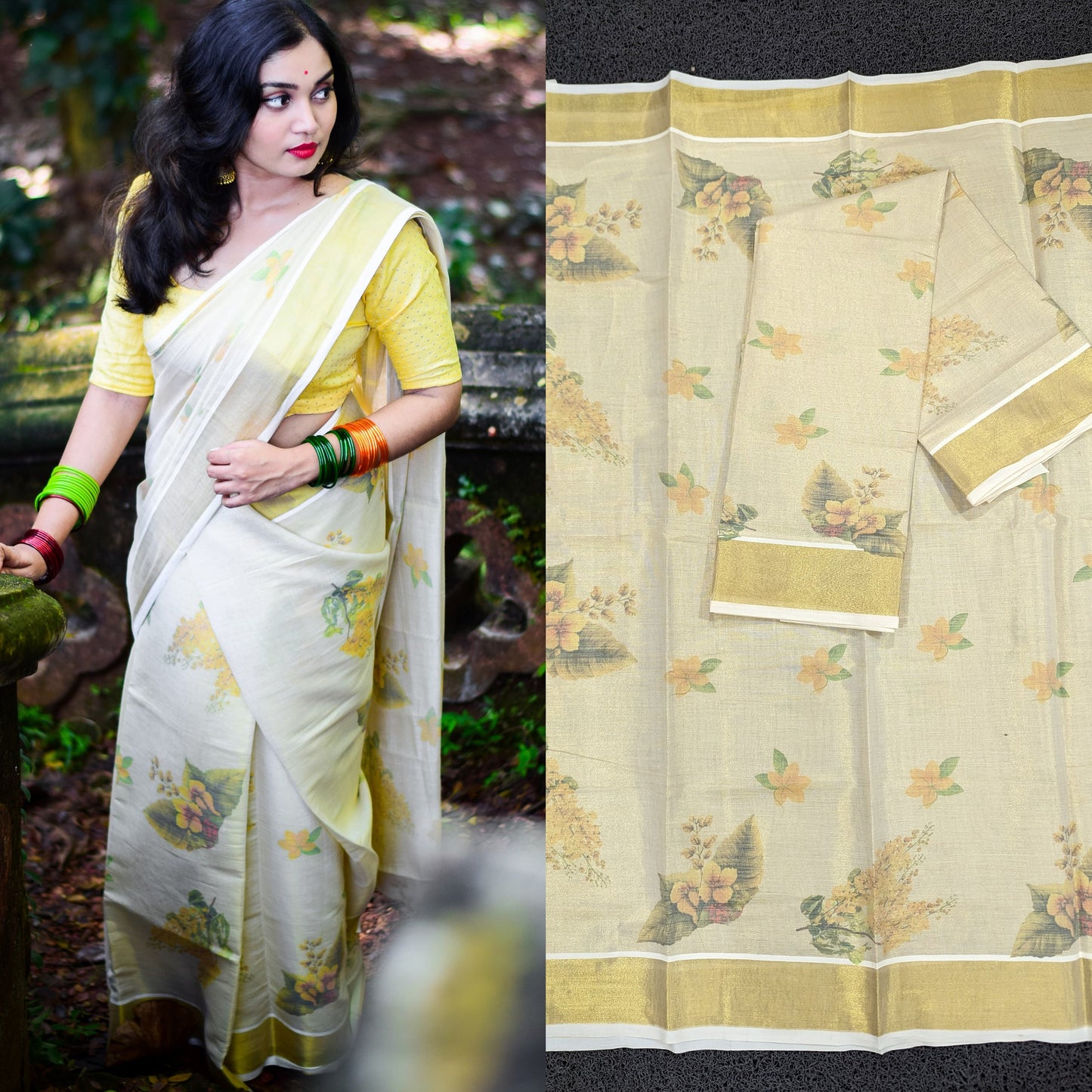 Kerala Special Kanikonna Digital Print Golden Tissue Set Mundu 2.80 mtr,Beautiful Kerala Designs,Onam,Vishu,Pooja ,Traditional,Temple Wear.