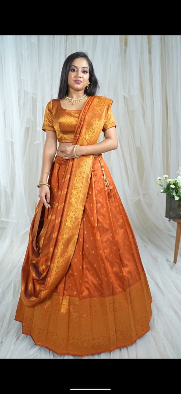 Kerala Bridal Lehenga Semi Stiched Big Border Mango Colour,Skirt 42 Inch Semi stitched ,Blouse & Duppata,Wedding,Birthday Gift,Vishu,Onam.