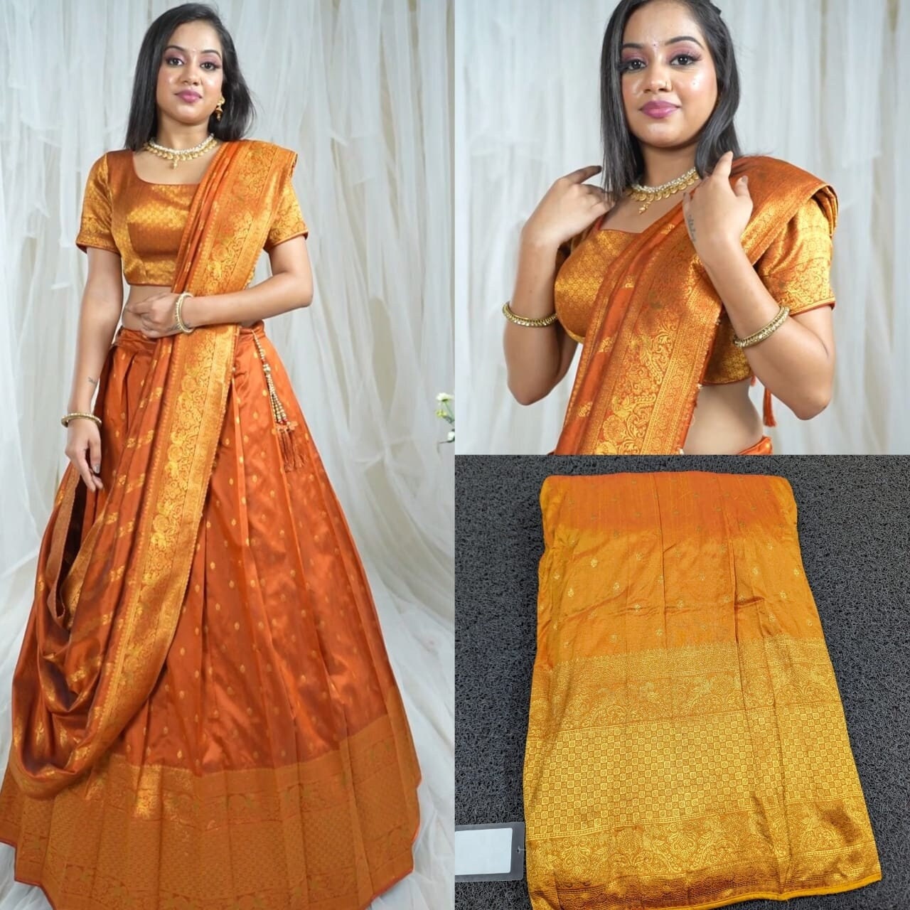 Kerala Bridal Lehenga Semi Stiched Big Border Mango Colour,Skirt 42 Inch Semi stitched ,Blouse & Duppata,Wedding,Birthday Gift,Vishu,Onam.