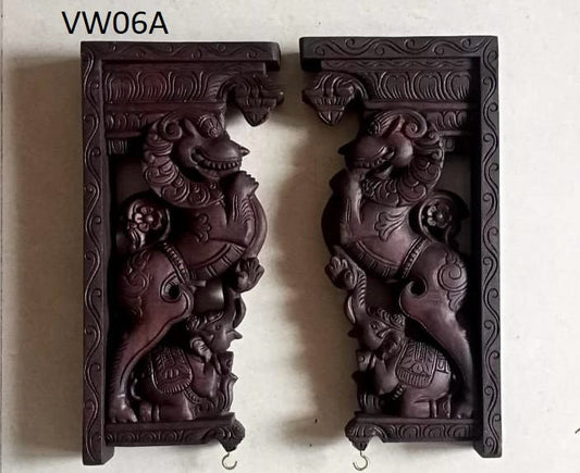 Wooden Hand Carved Wall Bracket Pair, Wooden Dragon/ yali /yazhi/vyali and Elephant Lamp Hanging Hook ,Corbel Pair, Door Entrance of House