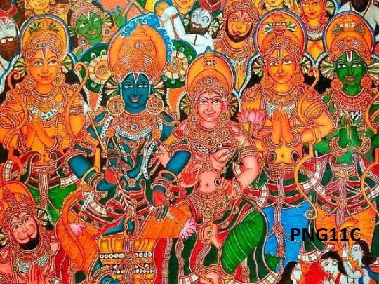 Kerala Mural Painting, Traditional Mural Art - Canvas Rolled Wall Decor, Sri Rama Pattabhishekam-  Sri Rama Vijayam -Ramayana mural painting