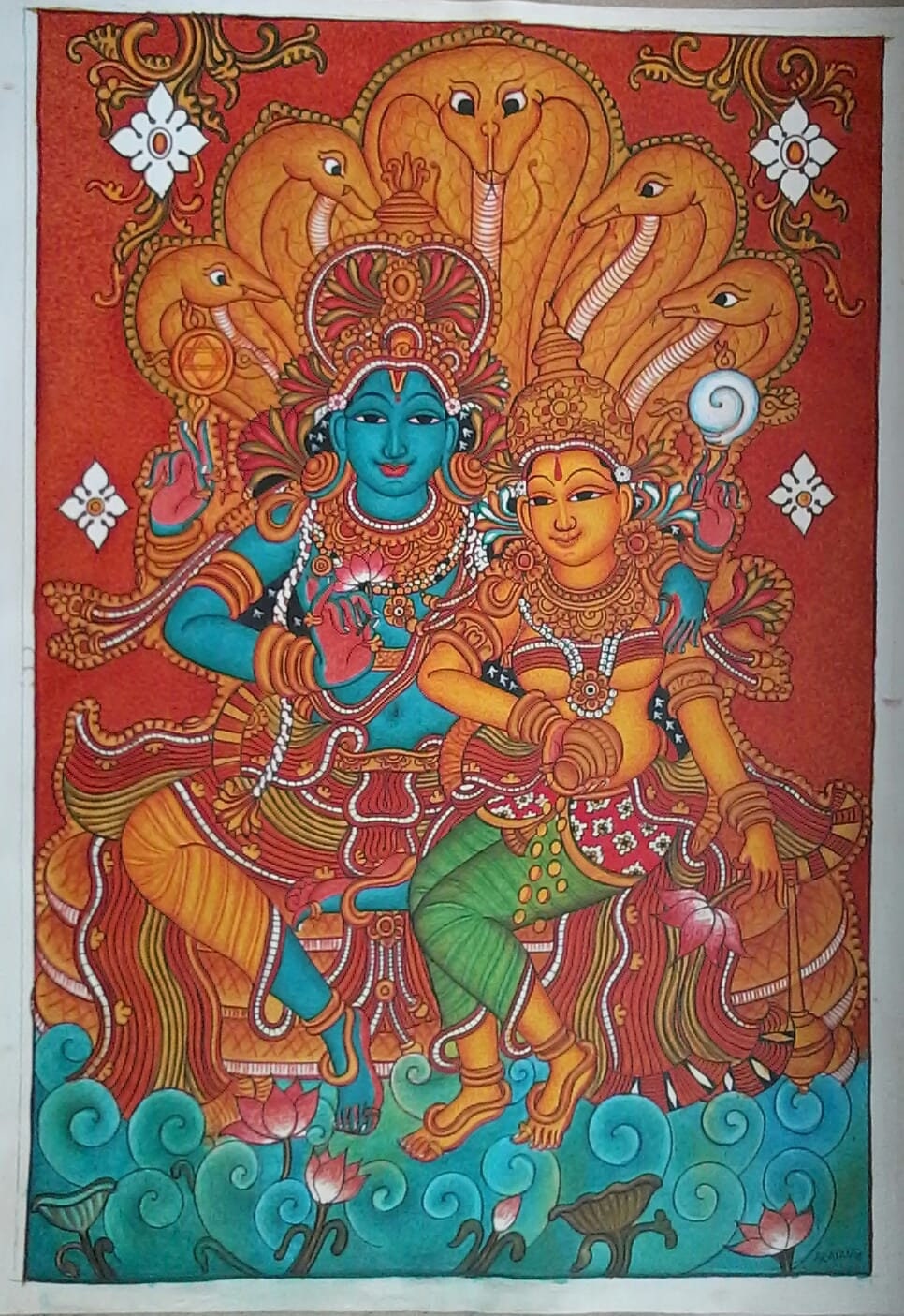 Kerala Mural Painting Radha Madhavam,Lakshmi narayan Canvas Rolled, Radha and Lord Krishna Hand Painted