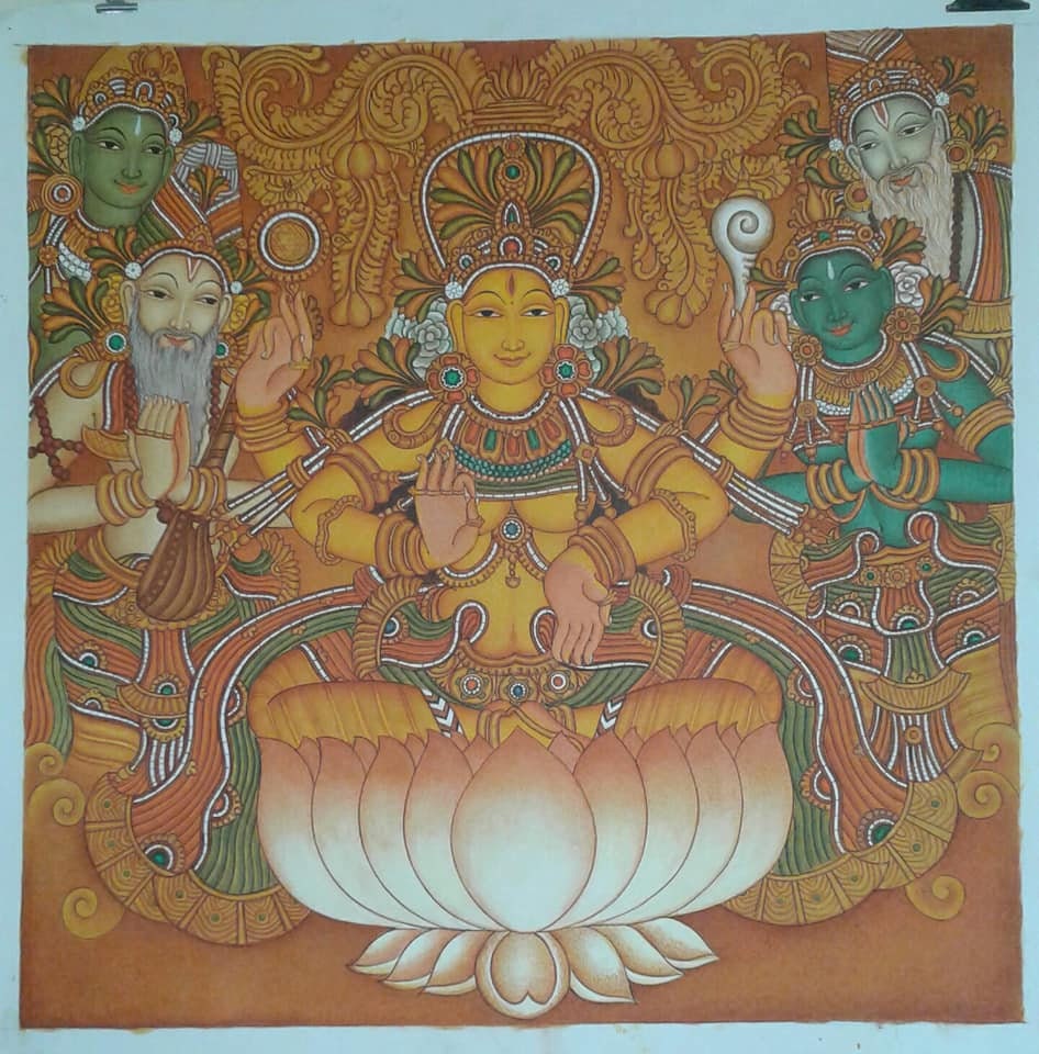 Devi,Durga,Saraswati,Panchamukha Gayathri,Traditional Kerala Mural Style painting Goddess,Original Mural Painting, Canvas Rolled, Wall Decor