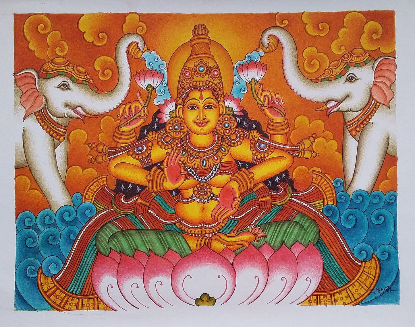 Devi,Durga,Saraswati,Panchamukha Gayathri,Traditional Kerala Mural Style painting Goddess,Original Mural Painting, Canvas Rolled, Wall Decor