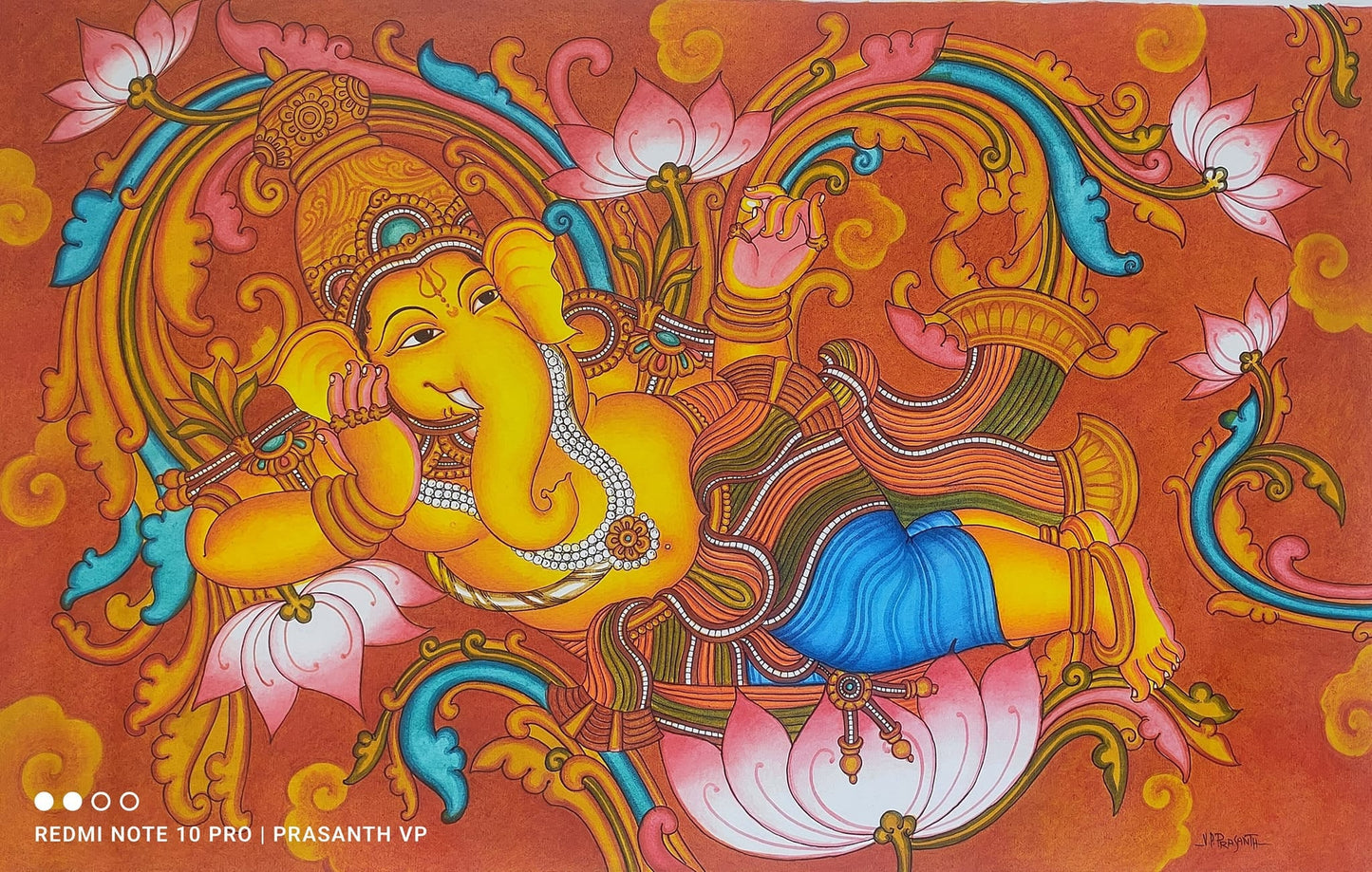 Lord Ganesha, Kerala Mural Painting, Hand Painted, Canvas Rolled, Wall Decor