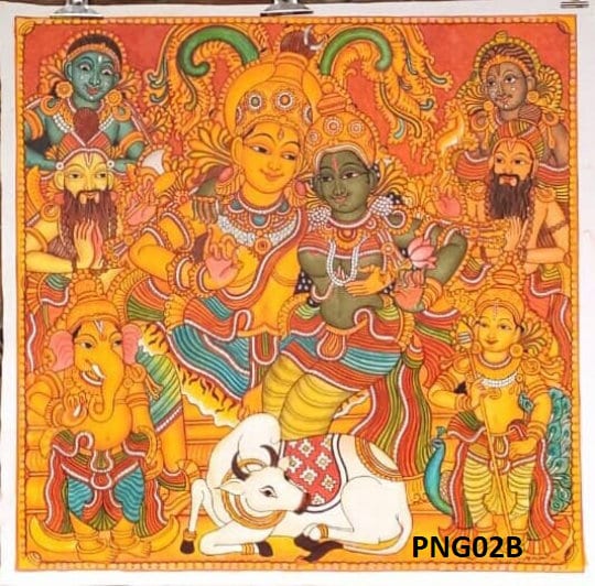 Sakthi Panchakshari,Siva kudumbam,Lord Siva Family,Lord Shiva with Goddess Parvati, Kerala Mural Painting, Canvas Rolled, Wall Decor