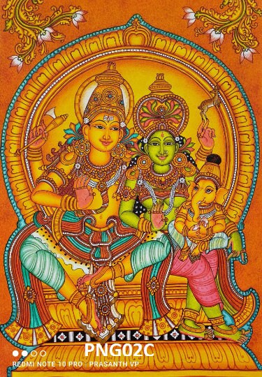 Sakthi Panchakshari,Siva kudumbam,Lord Siva Family,Lord Shiva with Goddess Parvati, Kerala Mural Painting, Canvas Rolled, Wall Decor