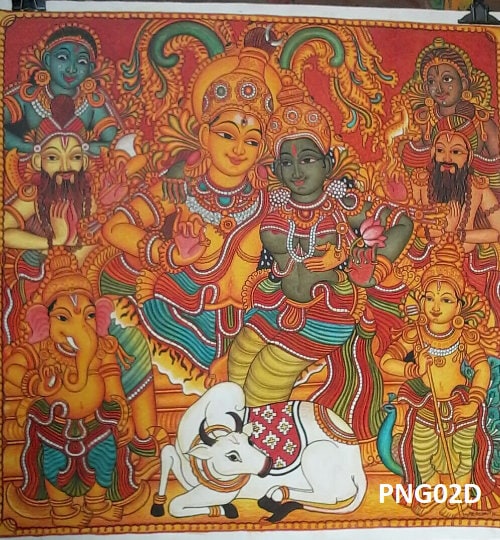 Sakthi Panchakshari,Siva kudumbam,Lord Siva Family,Lord Shiva with Goddess Parvati, Kerala Mural Painting, Canvas Rolled, Wall Decor