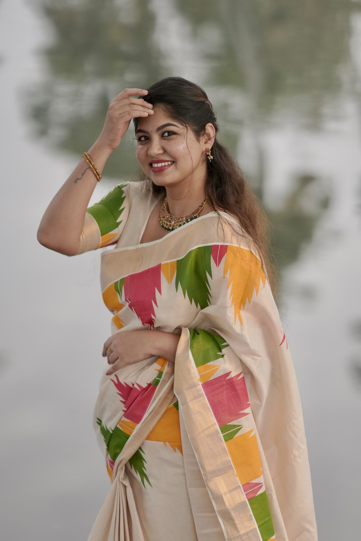 Kerala Traditional  Multi color temple printed golden tissue saree handloom shade tissue Stitched Blouse/Non Stitched Material, Onam, Vishu