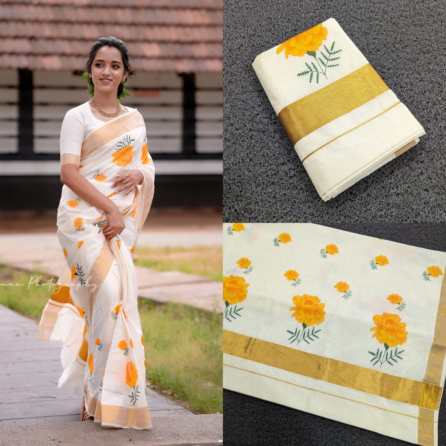 Kerala  Chendumali/marigold  Cotton saree 6.25 mtr, Kerala Saree, Vishu saree ,Onam Saree ,pooja occassions, party wear,Handmade designs