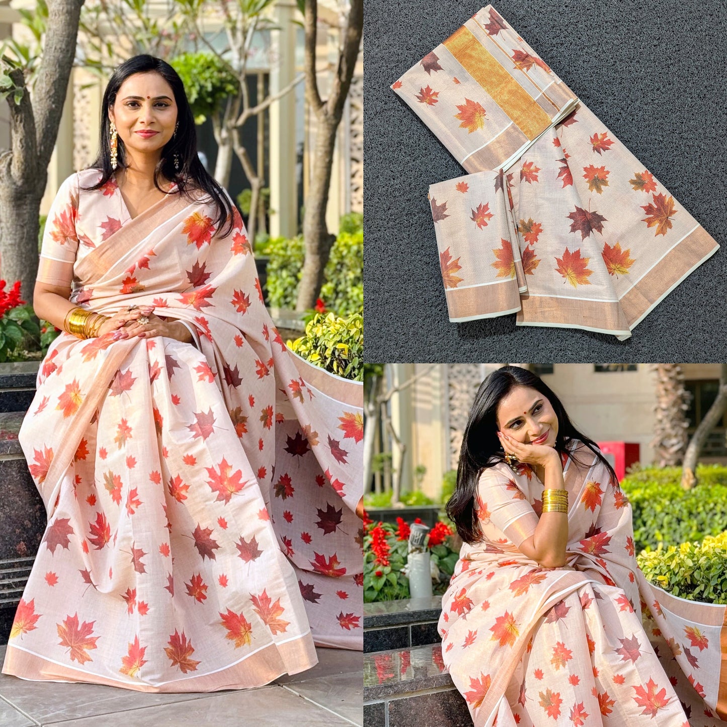 Kerala Copper Tissue maple leaf digital printed  Saree 6.25 mtr, Kerala Saree, Vishu saree ,Onam Saree ,Party wear saree, Handmade designs