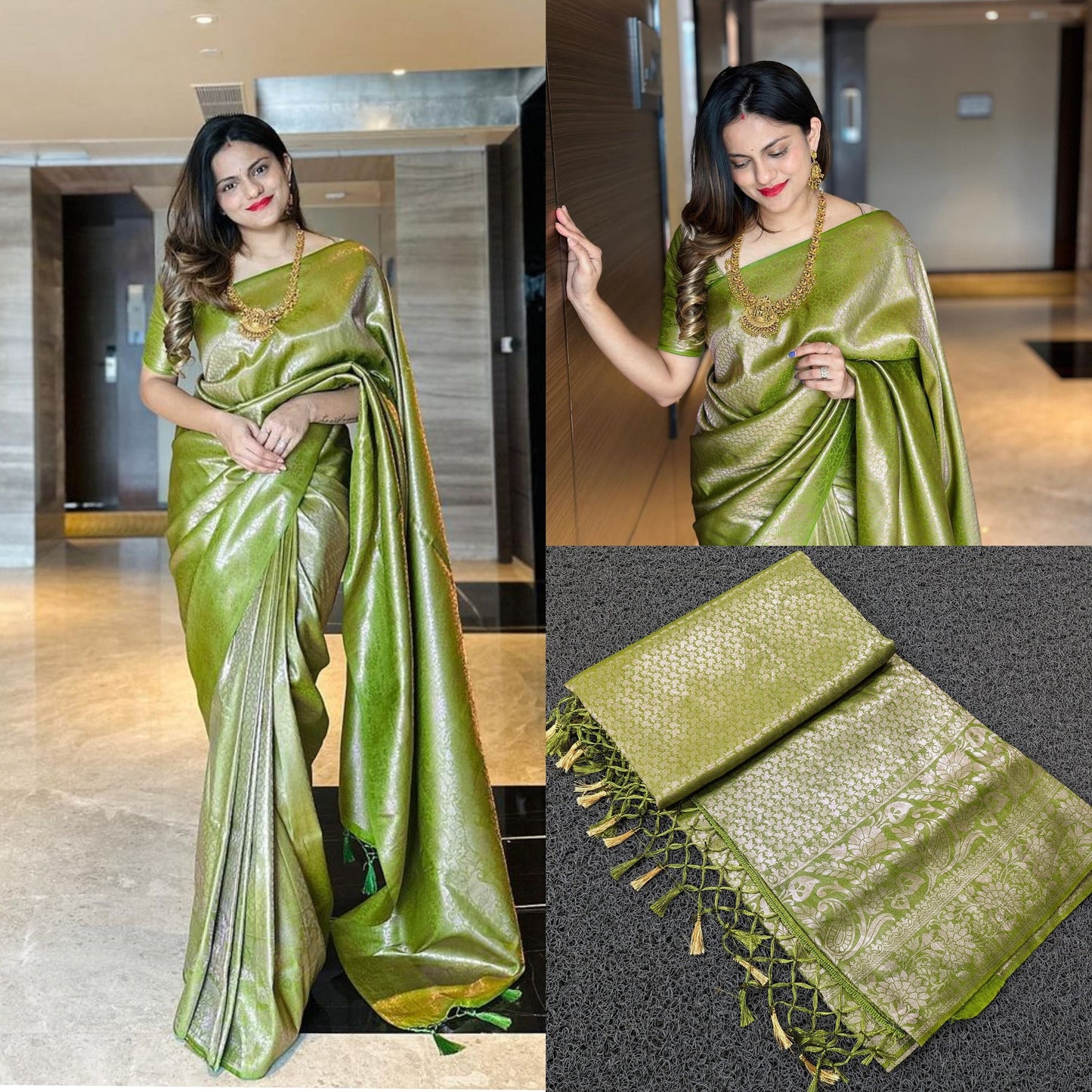 Kerala Olive Full Banarasi Weave Kubera Pattu Saree,Silk saree, Kerala Saree, Vishu saree ,Onam Saree,Handmade Designs,Wedding,Party wear