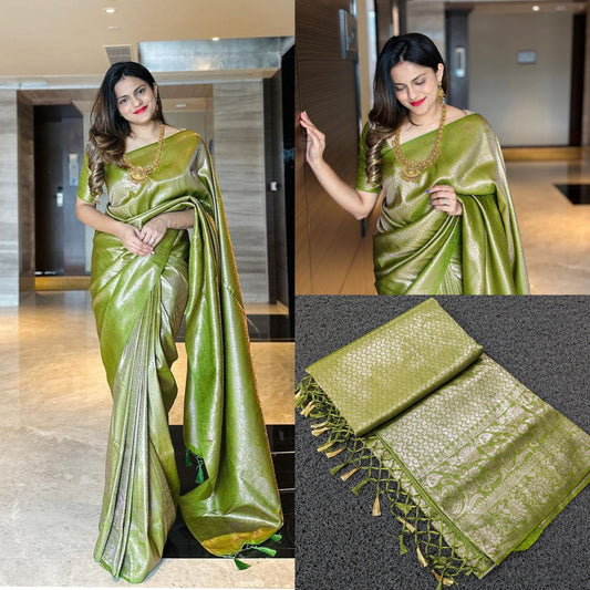 Kerala Olive Full Banarasi Weave Kubera Pattu Saree,Silk saree, Kerala Saree, Vishu saree ,Onam Saree,Handmade Designs,Wedding,Party wear