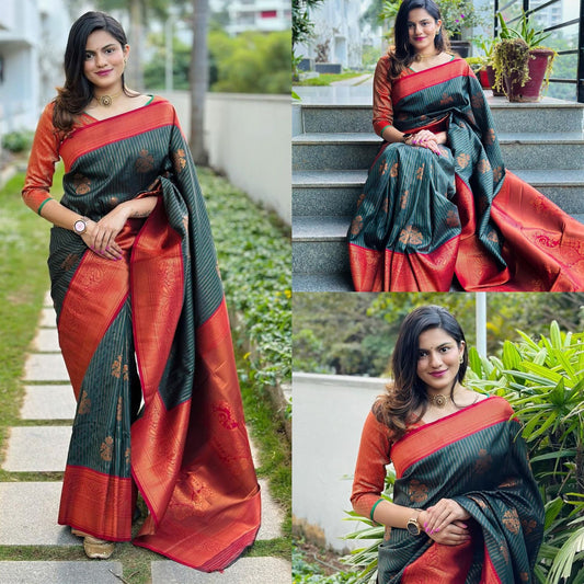 Kerala Bottle Green and Red Combo Banarasi Border Kubera Pattu Saree, Kerala Silk Saree,Onam Saree,Party wearHandmade Designs,Wedding, Vishu