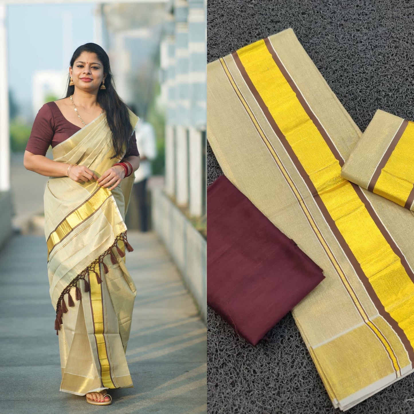 Kerala Special Coffee Colour Tissue Set mundu 2.80 with Stitched Blouse or  Blouse Material, Tissue Set Mundu, Beautiful Kerala  Designs.