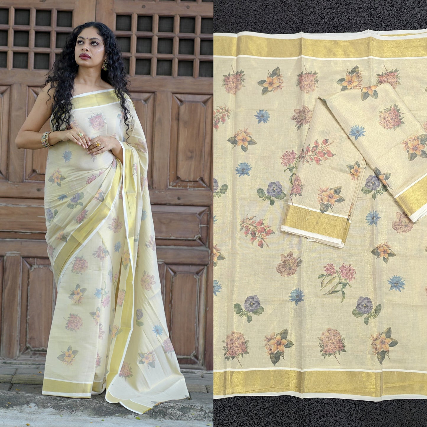 Kerala Special 2.0 Floral Digital Print Golden tissue set mundu 2.80 with Stitched Blouse or Blouse Material, Kerala Design / Vishu/ Onam.