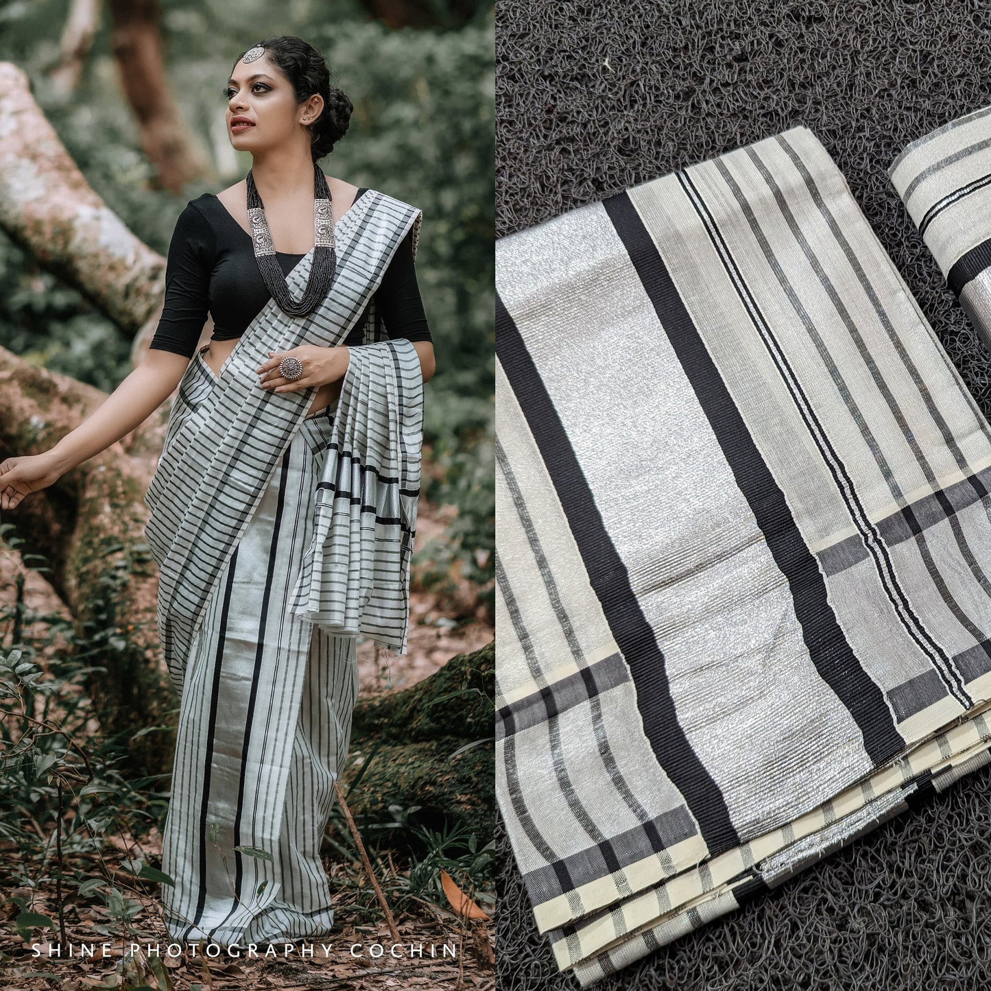 Kerala Special Silver and Black Tissue Lines Set Mundu  2.80 with Stitched Blouse or Blouse Material, Kerala Design / Vishu / Onam,