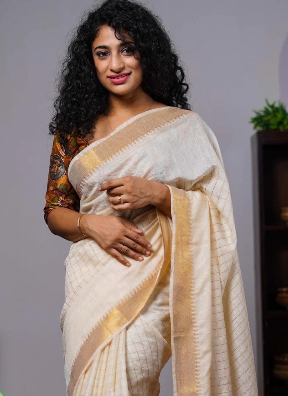 Kerala Bagalpuri Checks semi silk  Saree With Tussels 6.25 mtr, Kerala Saree, Vishu saree ,Onam Saree, Part wear, Pooja occasion