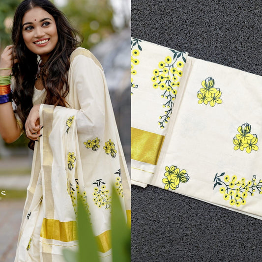 Kerala Kannikonna Embroidery Cotton Saree 6.25 mtr, Kerala Saree, Vishu saree ,Onam Saree , Handmade designs, Pooja, Special Occassions