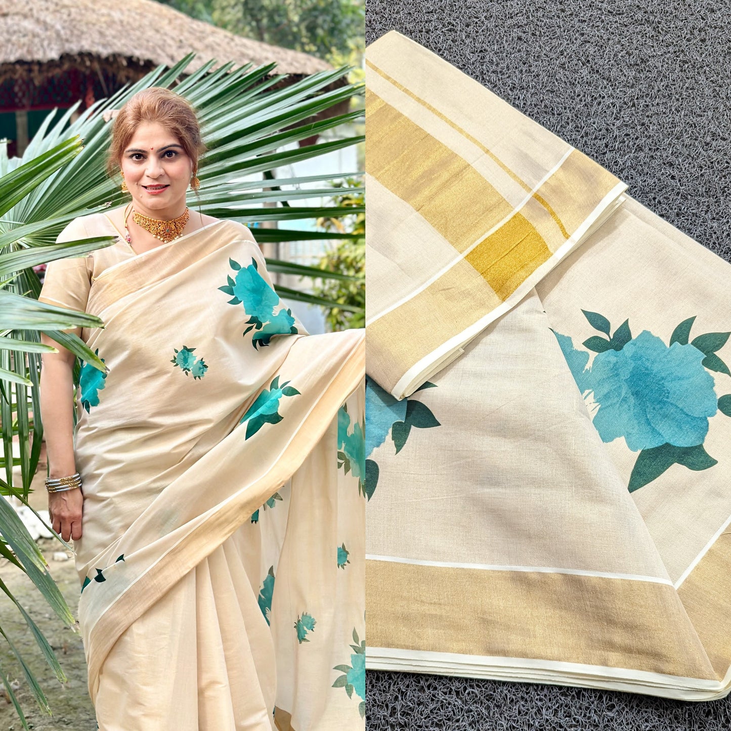 Kerala  Digital Flower Print Golden Tissue Saree Handloom Shade Tissue 6.25 mtr, Kerala Saree, Vishu saree ,Onam Saree / Handmade designs