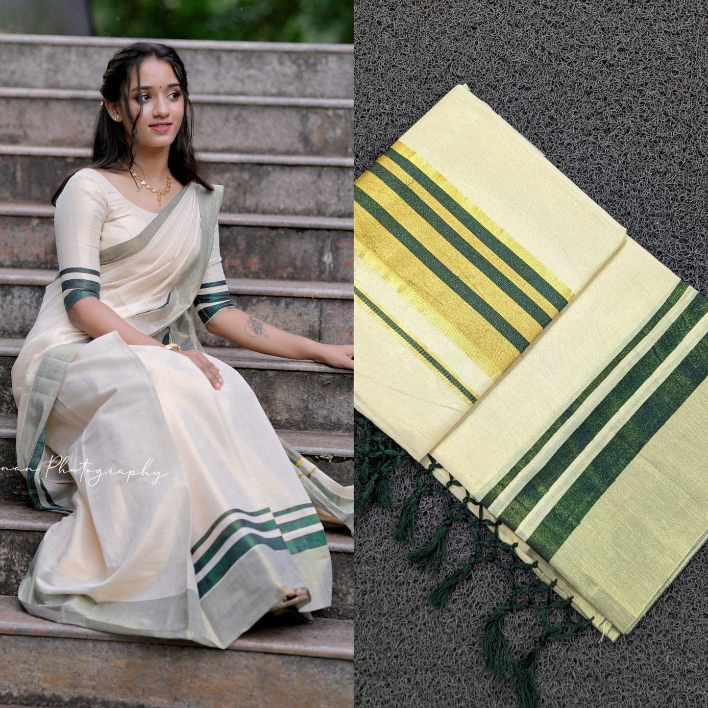 Kerala Special 3 Lines Golden Tissue Color Kara With Tussels Saree 6.25 mtr, Kerala Saree, Vishu saree ,Onam Saree , Pooja, party wear