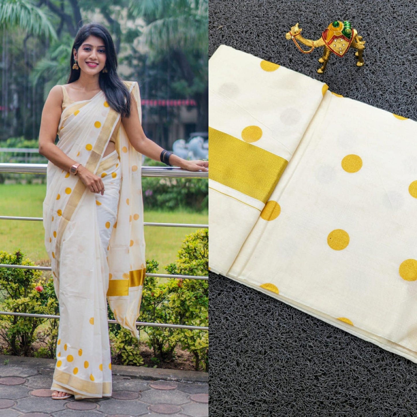 Kerala Golden Polka  Cotton Saree 6.25 mtr, Kerala Saree, Vishu saree ,Onam Saree , Handmade Designs, Pooja, Special Occassions, Festivals