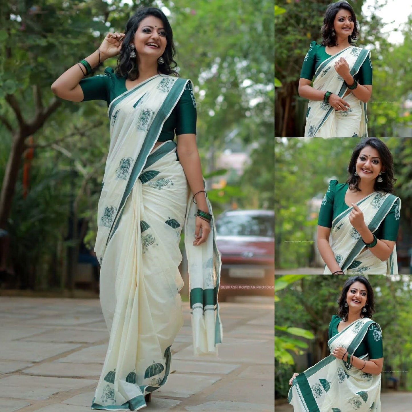 Kerala  Bottle Green Elephant Print Cotton Saree 6.25 mtr with Blouse 1 mtr Printed Design, Kerala Saree, Vishu Saree ,Onam Saree , Pooja