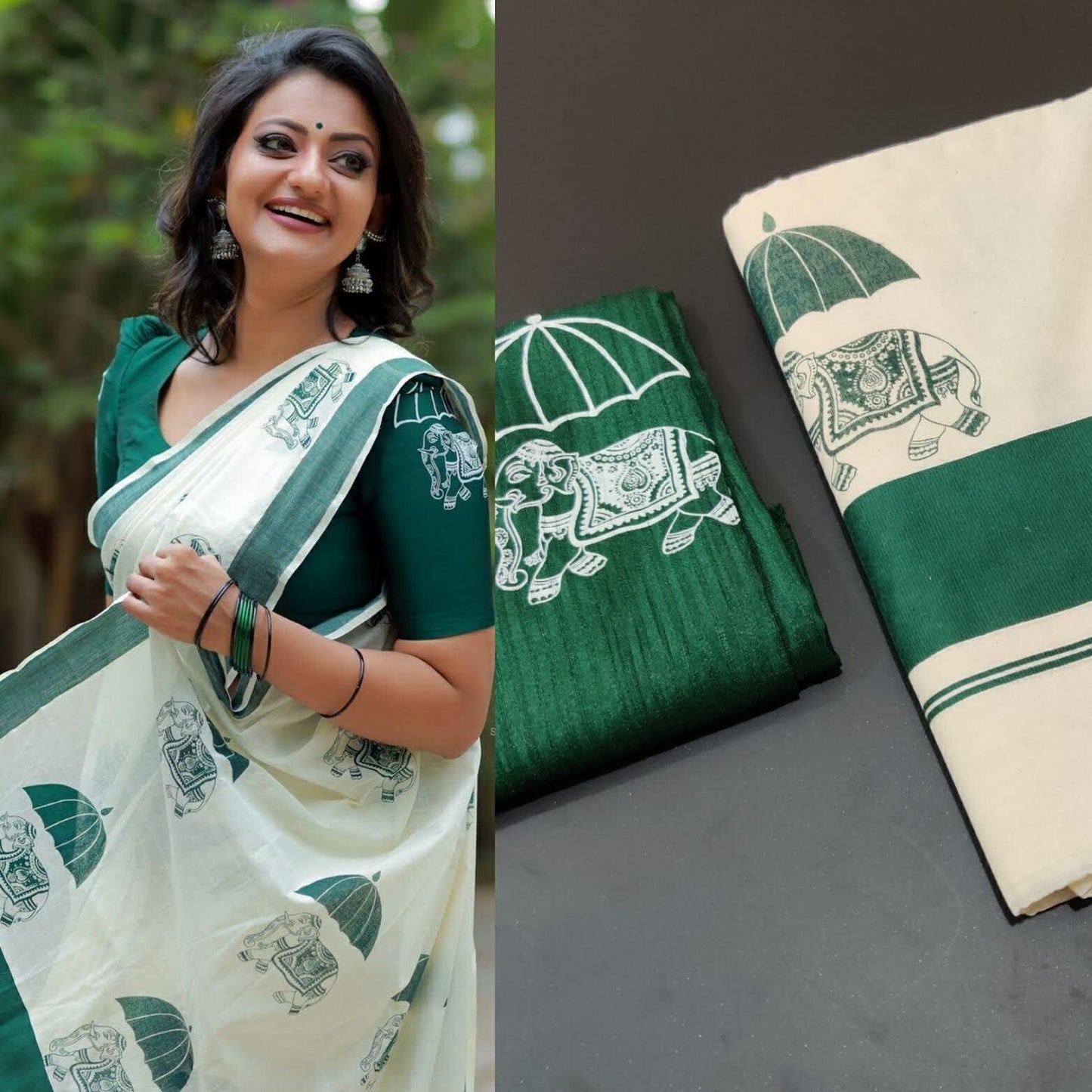 Kerala  Bottle Green Elephant Print Cotton Saree 6.25 mtr with Blouse 1 mtr Printed Design, Kerala Saree, Vishu Saree ,Onam Saree , Pooja