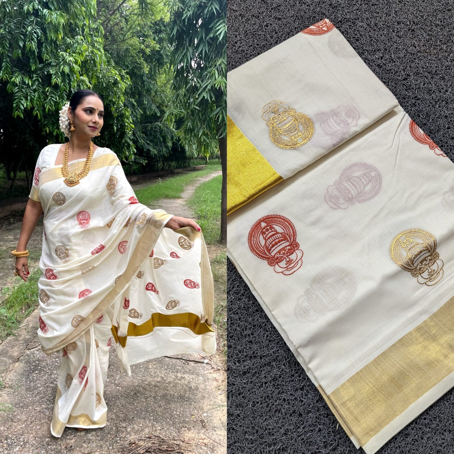 Kerala Kathakali Embroidered  Cotton Saree 6.25 mtr , Kerala Saree, Vishu Saree ,Onam Saree , Pooja , Special Occasions , Traditional Wear