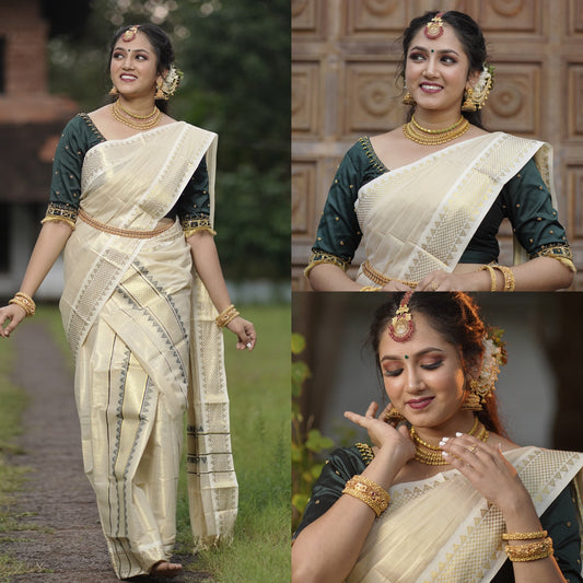 Kerala Special Golden Tissue Border Temple and Kara Work with Tussels Set Mundu 2.80 with Stitched Blouse or  Blouse Material.