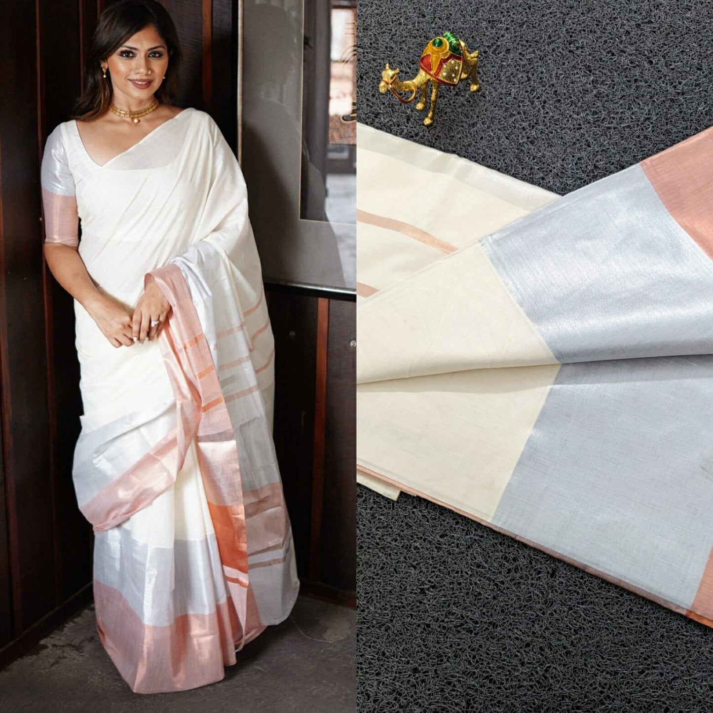 Kerala Silver Rose Copper Premium Cotton Saree (Handloom Finish)6.25 mtr,Kerala Saree,Vishu Saree ,Onam Saree, Pooja,birthday  saree