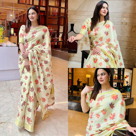 Kerala Golden Tissue Maple Leaf Digital Printed Saree 6.25 mtr,Kerala Saree,Vishu Saree ,Onam Saree ,Party wear ,Birth day, Pooja,Festivals.