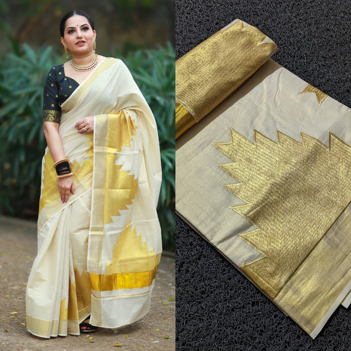 Kerala Golden Tissue Temple Motifs Saree 6.25 mtr,Kerala Saree,Vishu Saree ,Onam Saree ,Handmade Designs,Pooja, Festivals,Traditional.