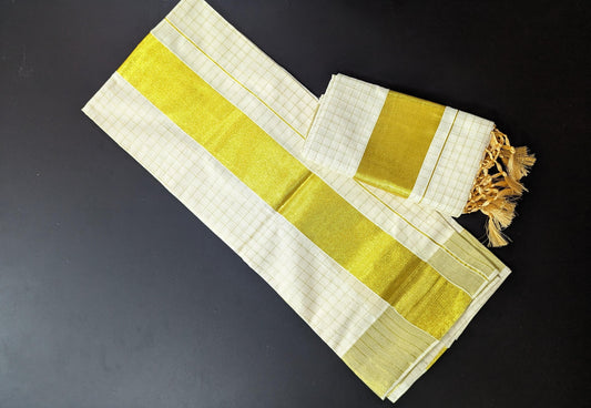 Kerala Special Cotton Checks Set Mundu With Tassels 2.80,Set Mundu,Beautiful Kerala Designs,Vishu,Onam,Traditional,Pooja,Festival Wear.