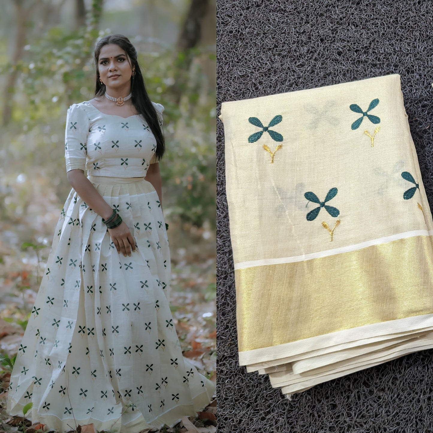 Kerala Golden Tissue Flower Pattu Pavada With Duppatta,Stitched and Material Only,Traditional Girls Clothing,Onam,Vishu,Birthday,Pooja wear.