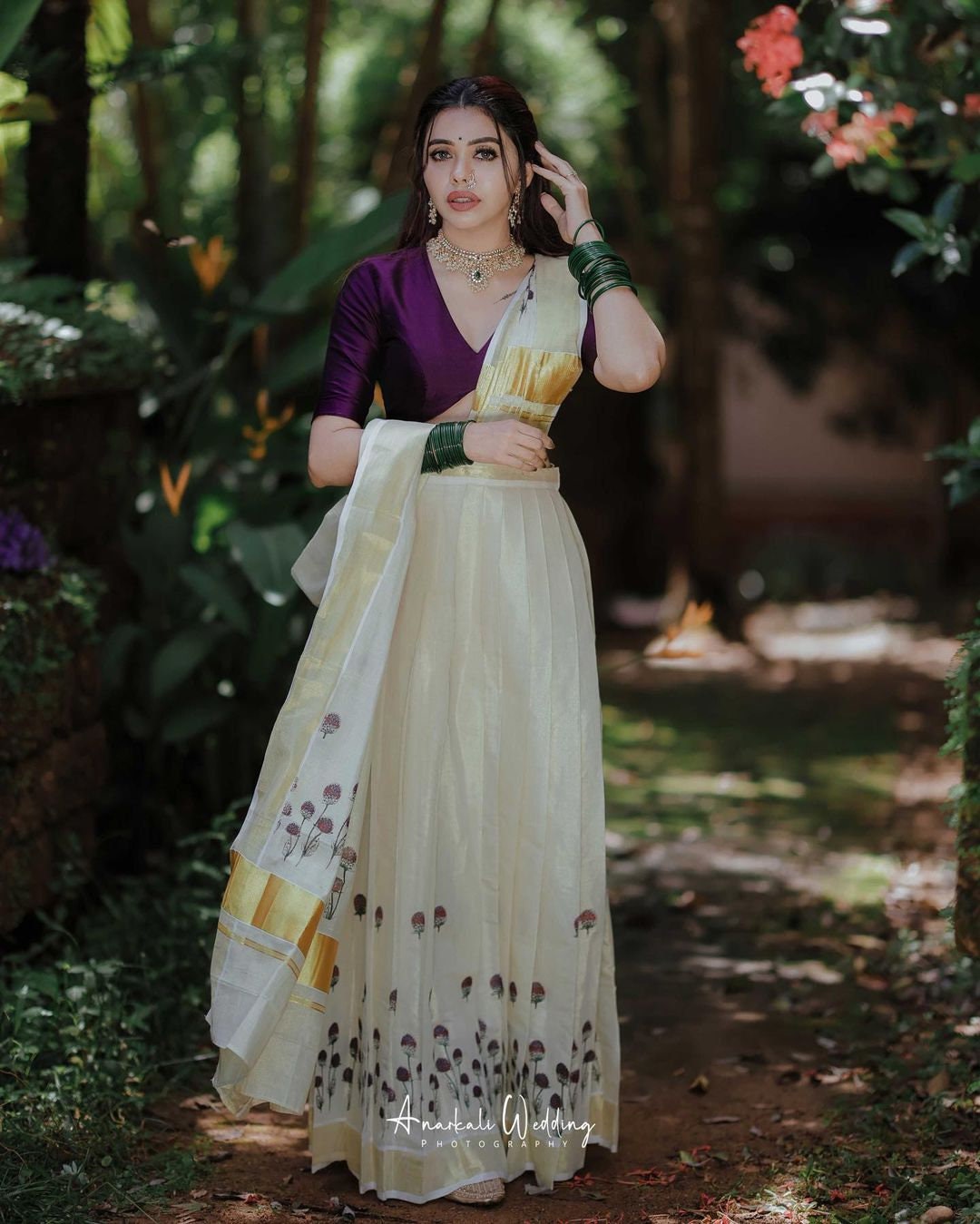 Kerala Vadamali Golden Tissue Davani With Grape Blouse,Skirt Stitched And Blouse Material,Onam,Vishu,Dhavani,Lehanka,Wedding,Pooja,Festival.