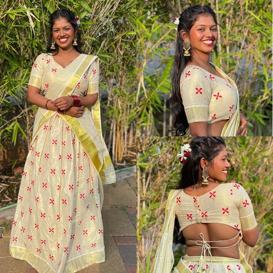 Kerala Golden Tissue Flower Davani,Skirt Stitched And Blouse Material,Onam,Vishu,Dhavani,Lehanka,Wedding,Pooja,Festival, Traditional.