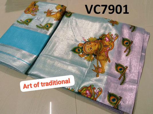 Kerala Tissue Color Saree 6.25 Mtr,Mural Printed,Kerala Saree,Vishu Saree,Onam Saree,Handmade Designs,Pooja,Festival,Temple,Traditional Wear