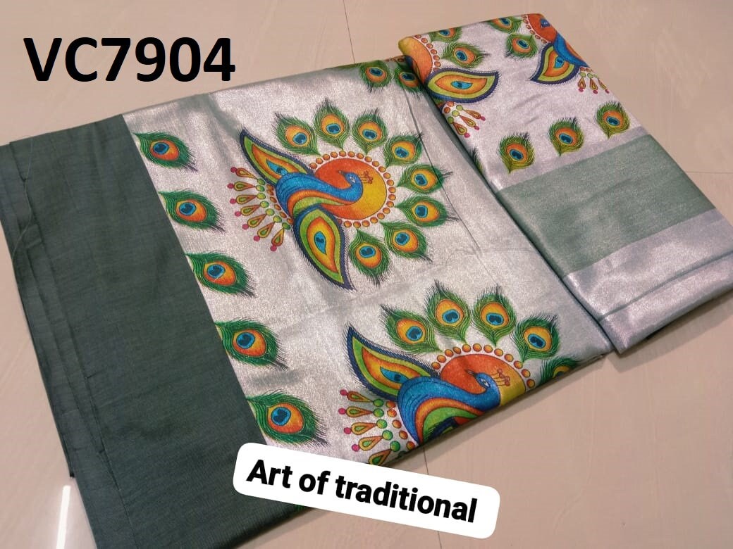 Kerala Tissue Color Saree 6.25 Mtr,Mural Printed,Kerala Saree,Vishu Saree,Onam Saree,Handmade Designs,Pooja,Festival,Temple,Traditional Wear