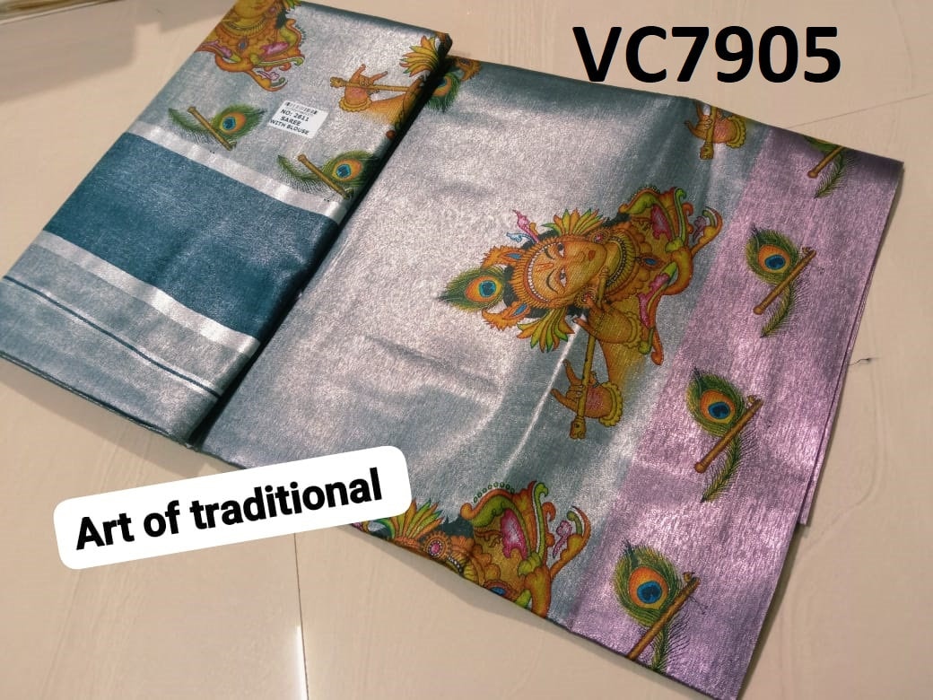 Kerala Tissue Color Saree 6.25 Mtr,Mural Printed,Kerala Saree,Vishu Saree,Onam Saree,Handmade Designs,Pooja,Festival,Temple,Traditional Wear