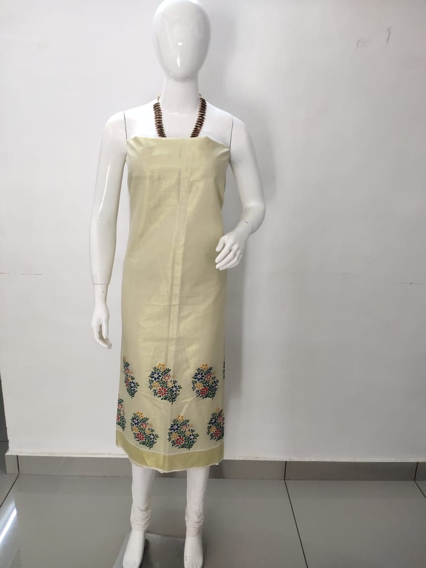 Kerala Tissue Churidhar Material,Pant Cotton,Handwork Design,Kerala Kasavu Churidhar,Onam,Vishu,Pooja,Festivals,Marriage,Special Occassions.