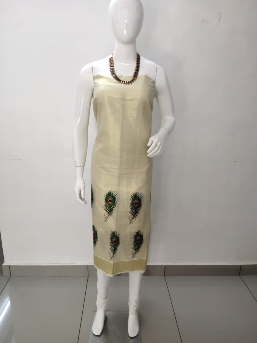 Kerala Tissue Churidhar Material,Pant Cotton,Handwork Design,Kerala Kasavu Churidhar,Onam,Vishu,Pooja,Festivals,Marriage,Special Occassions.