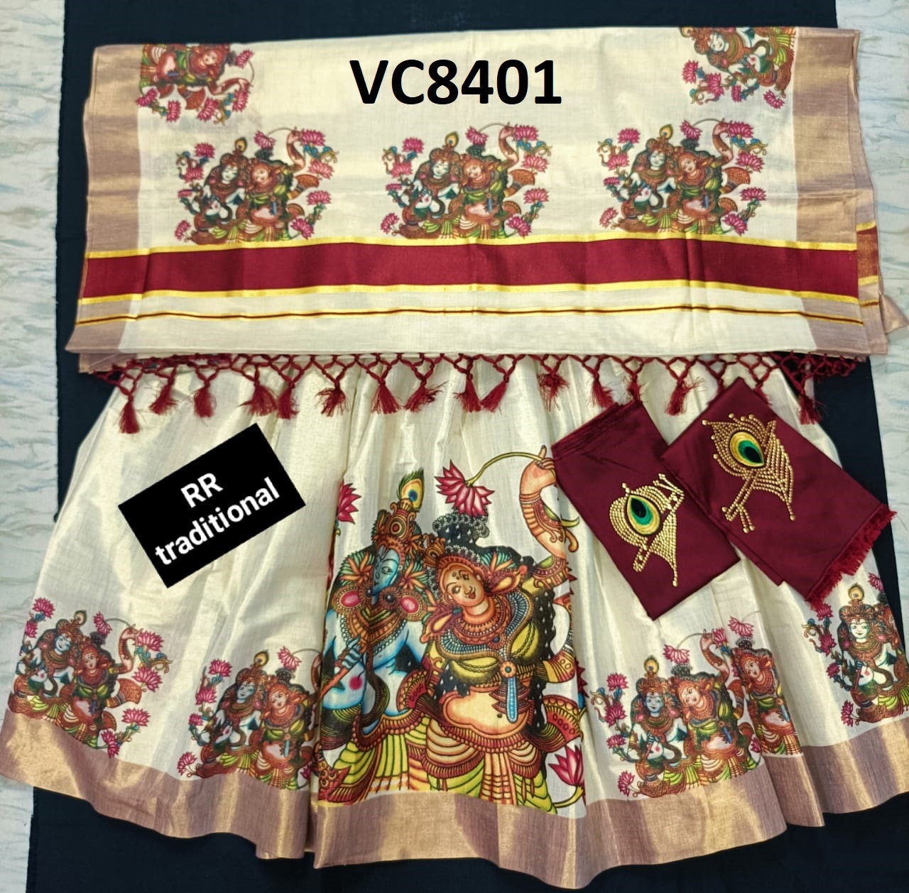 Kerala Tissue Color Border Big Mural Printed Davaniset,Skirt Stitched And Blouse Material,Onam,Vishu,Dhavani,Lehanka,Wedding,Pooja,Festival.