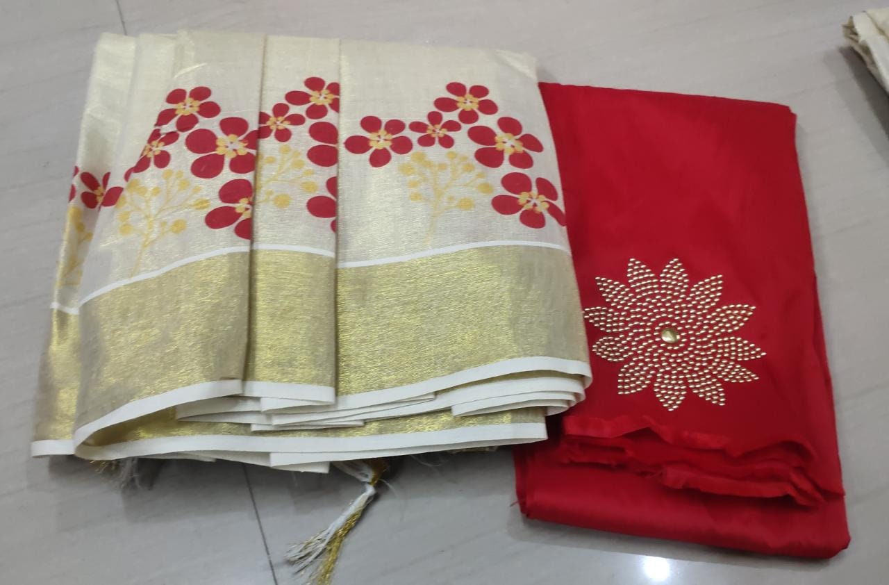 Kerala Tissue Gold & Color Print Davaniset,Skirt Stitched And Blouse Material,Onam,Vishu,Dhavani,Lehanka,Wedding,Pooja,Festival,Traditional.