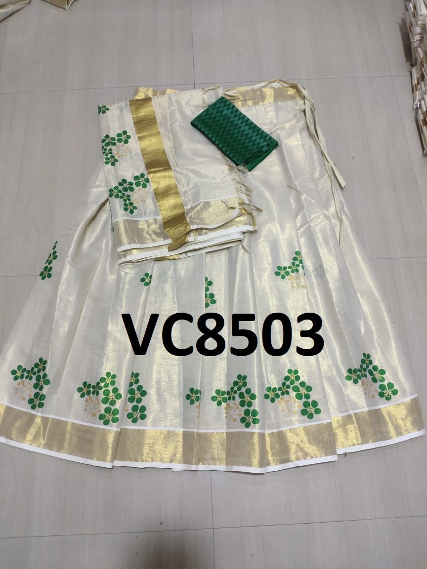 Kerala Tissue Gold & Color Print Davaniset,Skirt Stitched And Blouse Material,Onam,Vishu,Dhavani,Lehanka,Wedding,Pooja,Festival,Traditional.